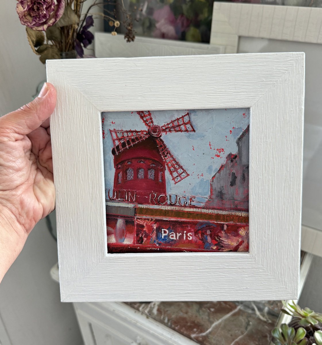 Cityscapes Oil Painting By Olha Laptieva, 9 X 9", Moulin Rouge, Original Artwork