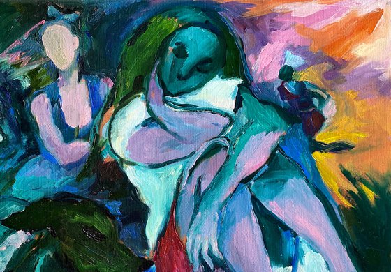 SUMMER - emerald & pink small oil painting with human figures