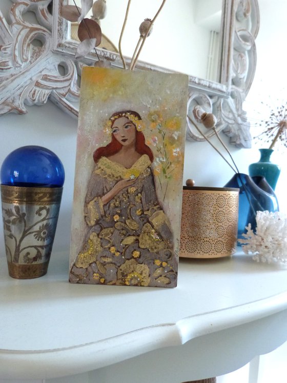 A day of June 15 x 30 cm Romantic redheaded woman on wood.