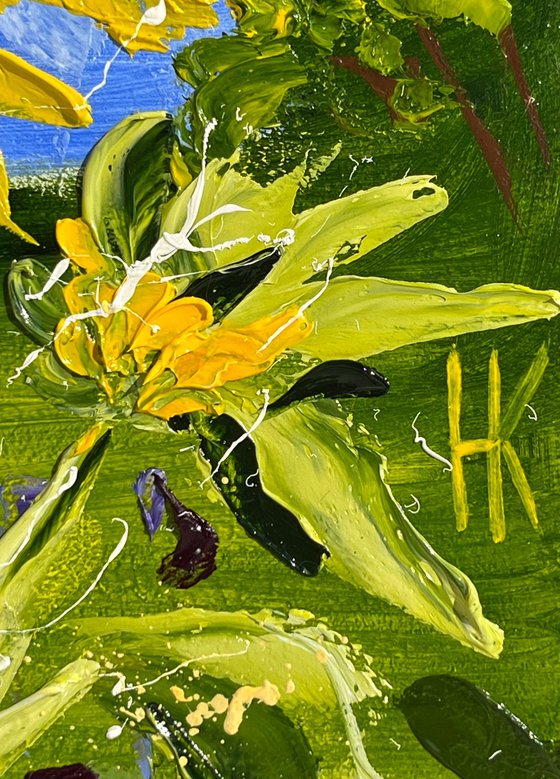 Sunflower Painting Floral Original Art Flower Small Oil Impasto Artwork 8 by 10" by Halyna Kirichenko