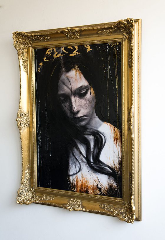 "Dreamworld" (98x74x9cm) - Unique portrait artwork on wood (abstract, portrait, gold, original, resin, beeswax, painting)