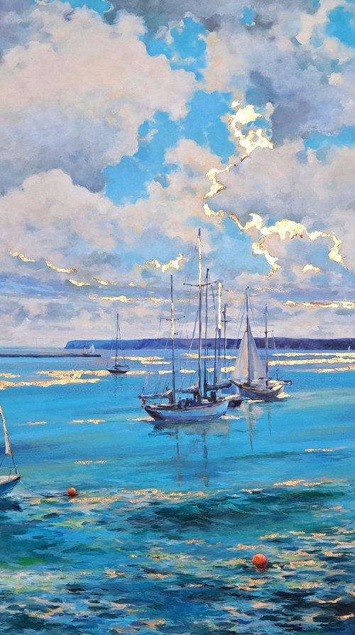 Morning on the bay (mixed-media, acrylic and gold leaf) (36x48x1.5") by Alexander Koltakov