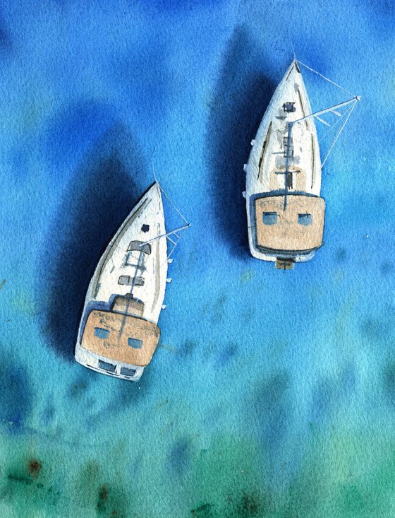 Beach wall art boats in the ocean original watercolor painting , coastal artwork, blue ocean wall art