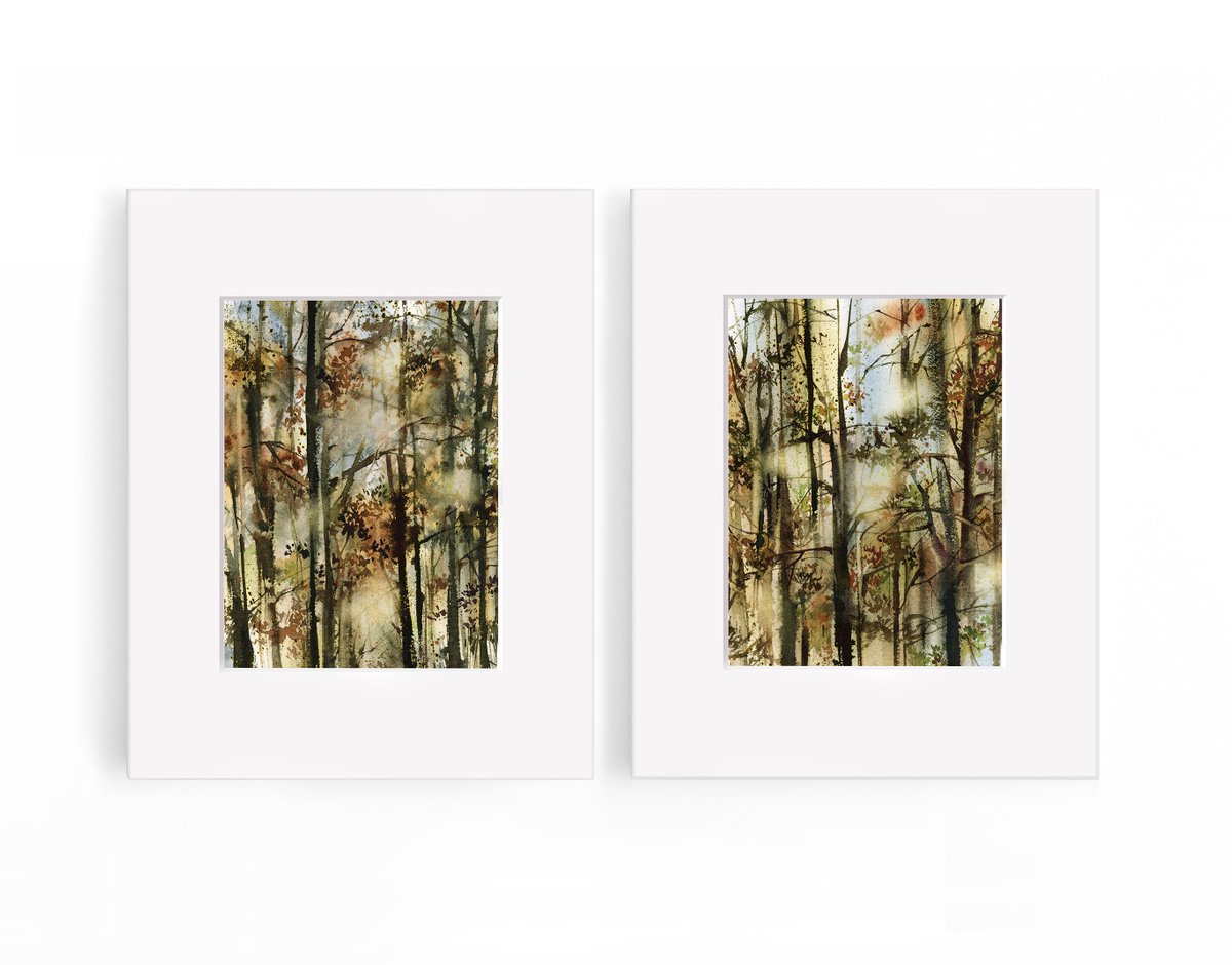 Forest Watercolor Painting Diptych, Abstract Trees Nature Landscape 2 Paintings Set by Sophie Rodionov