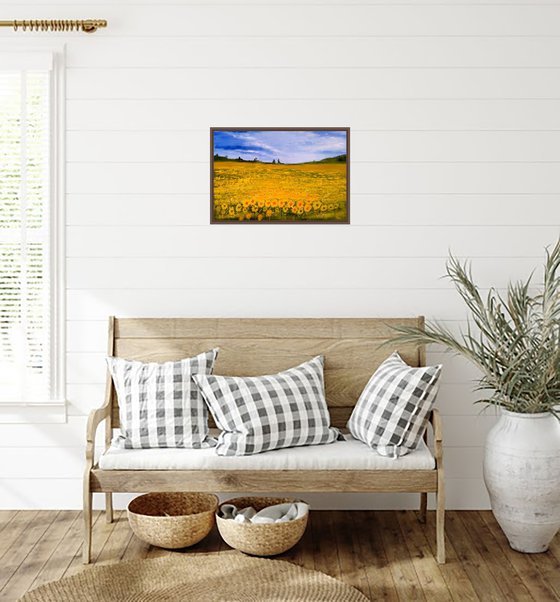 Ukraine Painting Landscape Original Art Sunflower Field Oil Artwork Ukrainian Landscape Home Wall Art 20 by 14" by Halyna Kirichenko