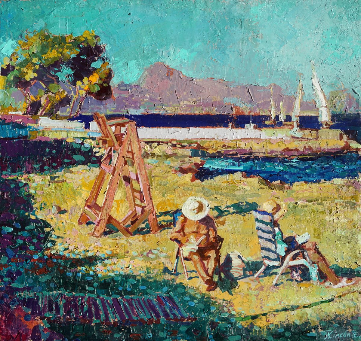 Impressionistic Landscape Oil Painting By Luis Rincon, 20 X 19", Readers In The Landscape, Original Artwork