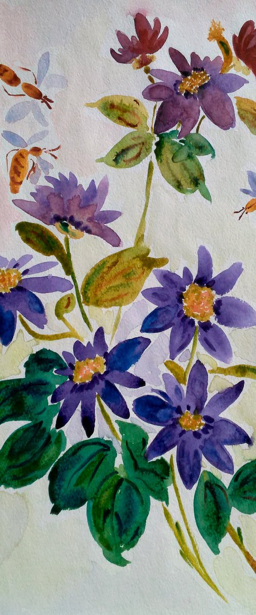 Honeybee Painting Original Watercolor Artwork Flower Art Home Decor 12 by 17" by Halyna Kirichenko by Halyna Kirichenko