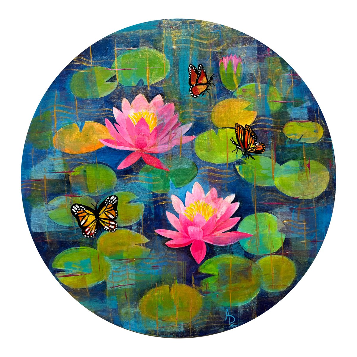 Expressive Botanical Acrylic Painting By Amita Dand, 12 X 12, Water Lilies And Butterflies - Ii, Original Artwork
