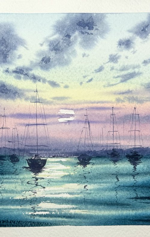 Moonlight on the sea Yachts by Yuliia Sharapova