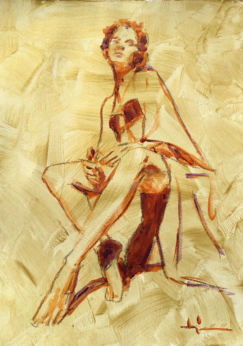 Expressive Portrait Acrylic Painting By Dominique Deve, 12 X 16, Modele Assis, Original Artwork