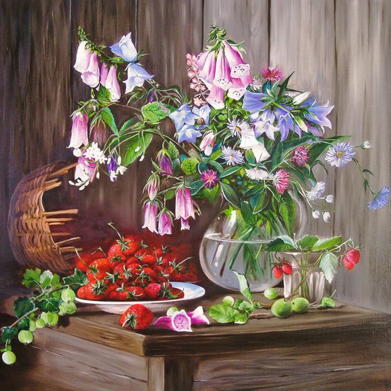 Strawberries and Bluebells, Rustic Still Life