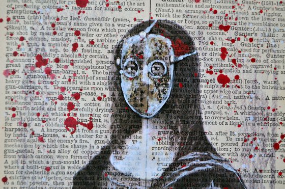 Halloween Mona Lisa - Friday the 13th Mask - Collage Art on English Dictionary Vintage Page