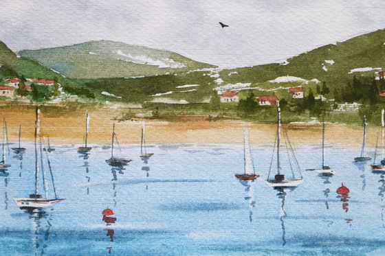Seascape with yachts. Original watercolor artwork.