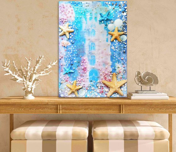 Pink Castle. Under the Sea. Fantasy fairy tale Decorative painting with pearls, rose quartz and shells