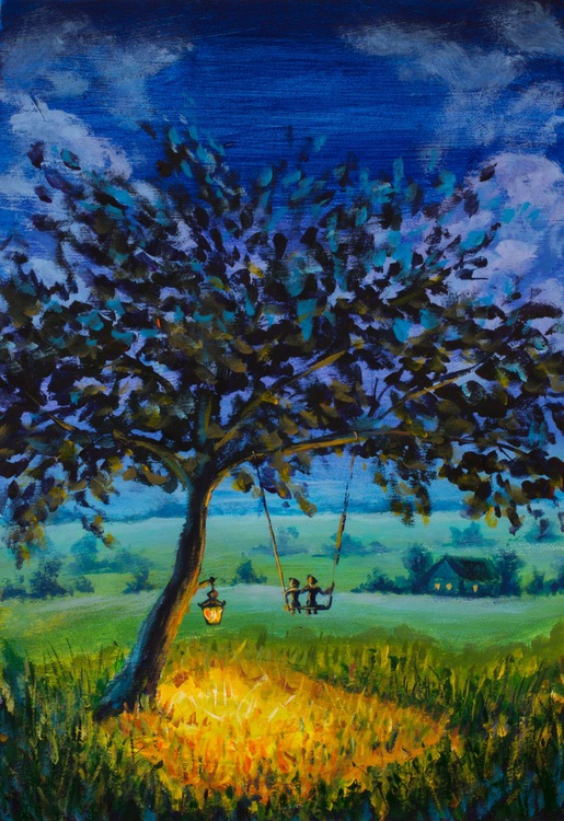Painting Evening Rustic Landscape A Lantern Han Artfinder