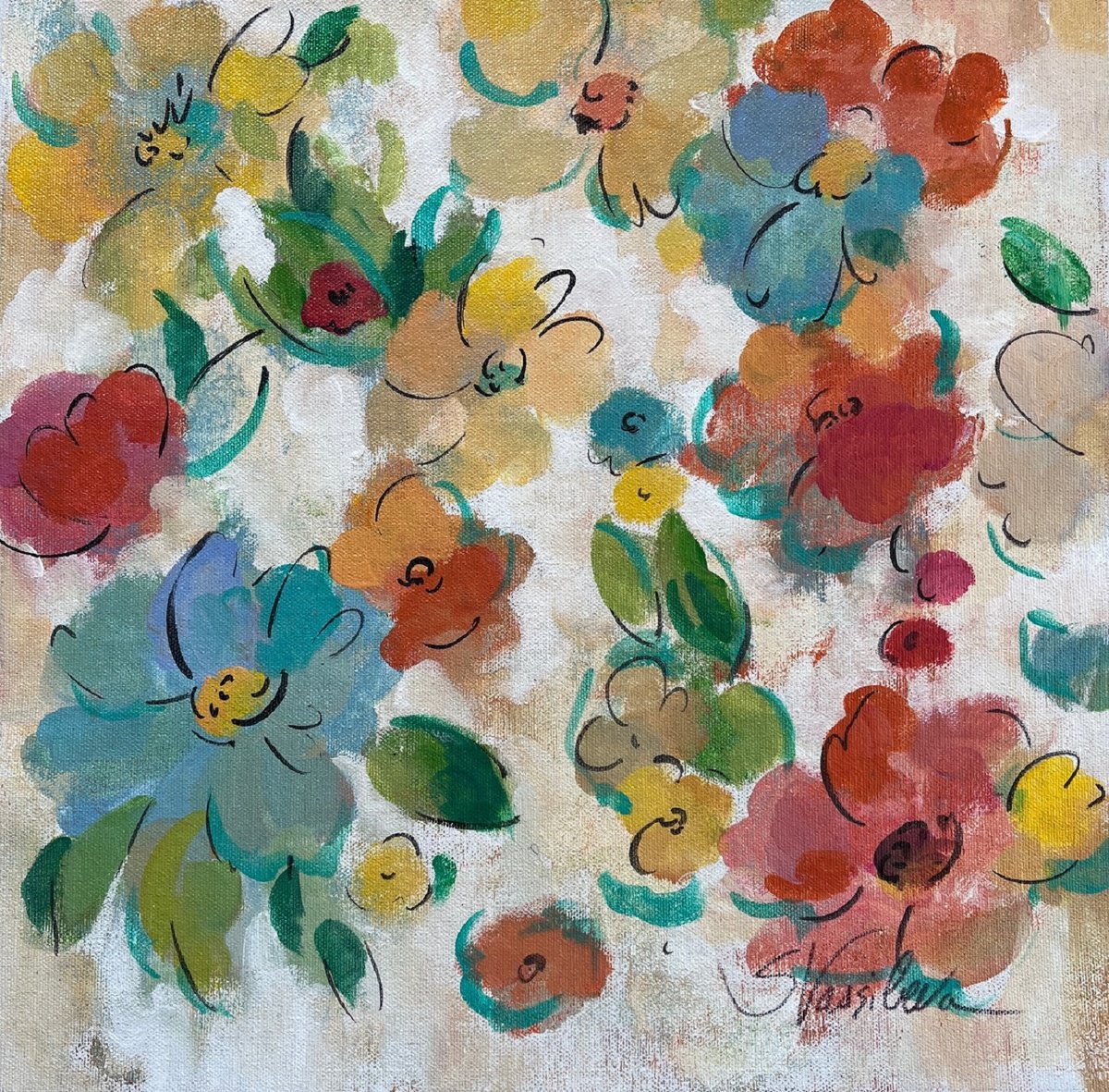 Expressive Botanical Acrylic Painting By Silvia Vassileva, 15 X 15", Joyful Flowers Trio Iii, Original Artwork