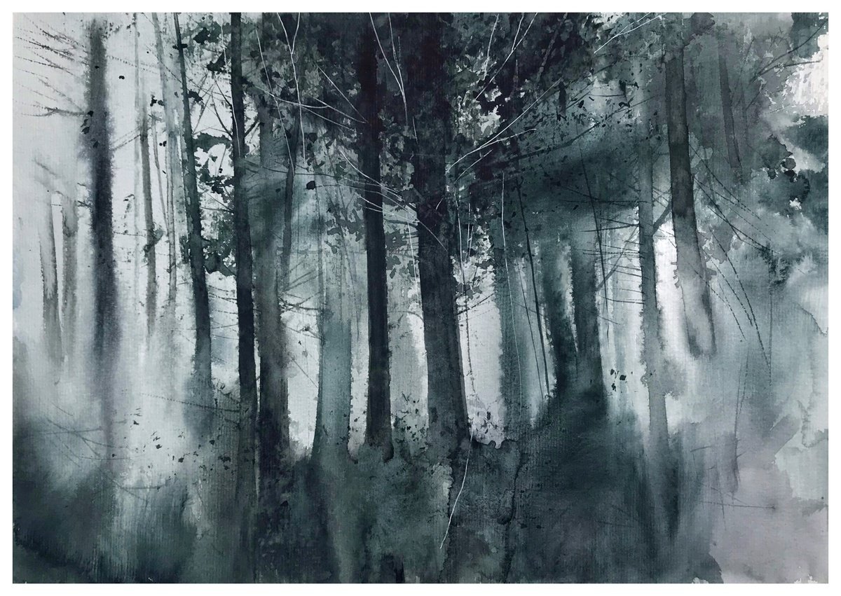 Impressionistic Landscape Watercolour By Nazar Grunyka, 17 X 12", Forest In The Fog, Original Artwork