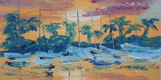Tropical Sunset and yachts miniature painting