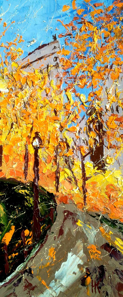 Central Park Painting Cityscape Original Art Fall NYC Oil Impasto Artwork New York Pallete Knife Wall Art 8 by 16" by Halyna Kirichenko by Halyna Kirichenko