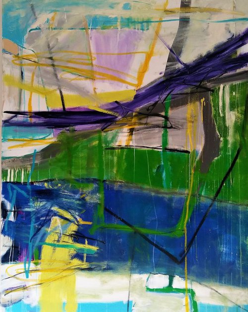 LARGE ABSTRACT COLORFUL INTERIOR DESIGN COMMERCIAL DECOR OFFICE RESTAURANT OVERSIZED COBALT BLUE KELLY GREEN COLORBLOCK "Beautiful 122" 48" X 60" by Carrie White