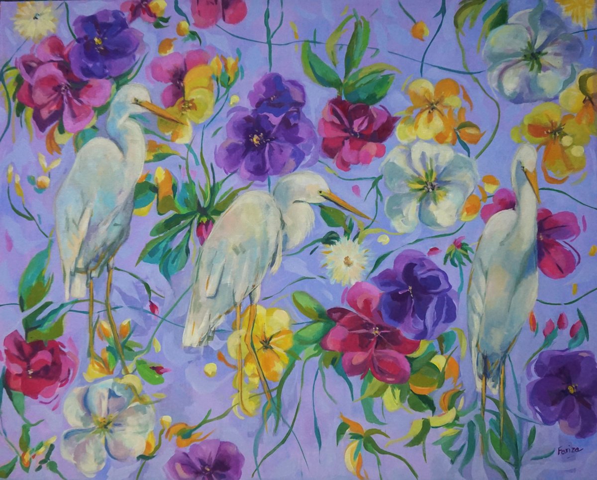 Herons Among Flowers By Amaya Fernandez Fariza, 32 X 26, Artwork For Sale On Artfinder