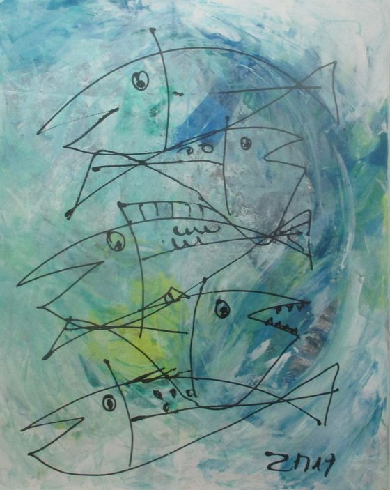 fishes jumping  - acrylpainting 80x100cm 31,5  x 39,3 inch