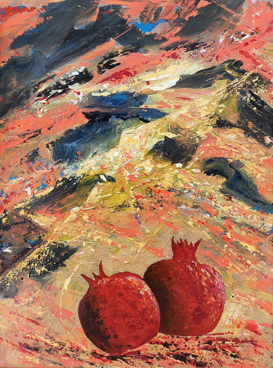 Impressionistic Botanical Oil Painting By Ruben Ghulyan, 12 X 16", Harvest In Fiery Landscape, Original Artwork