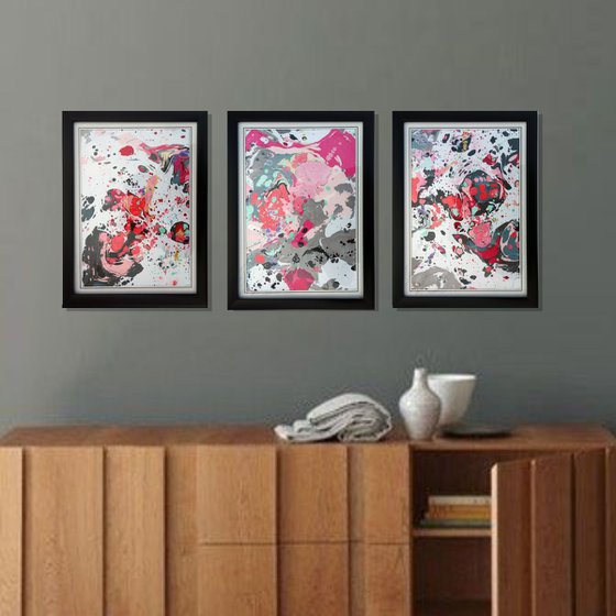 Set of 3 Fluid abstract original paintings on paper A4 - 18J018