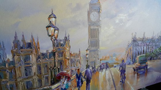 London after the rain - cityscape original oil painting
