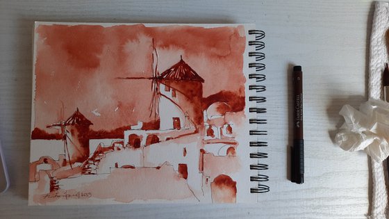 Simply Santorini - Original Ink and Watercolour Sketch - UK Artist