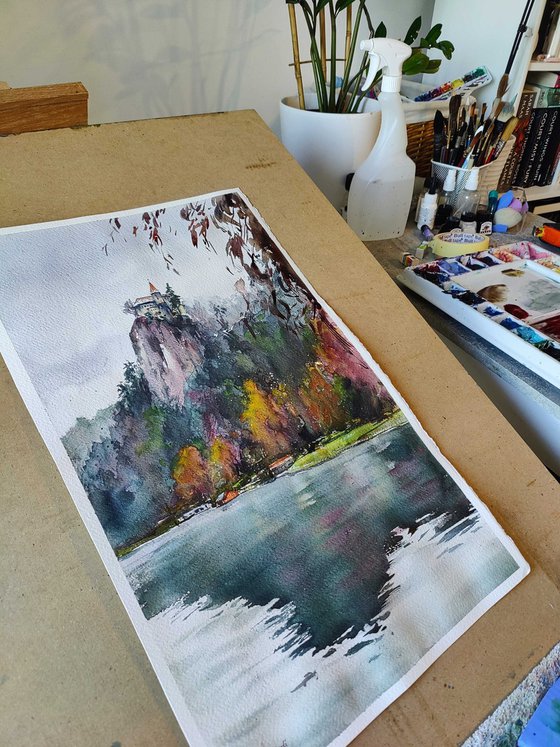 Lake Bled, Slovenia Original watercolor painting (2022), European landmarks