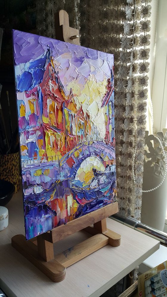 Sunset in Amsterdam - painting cityscape, evening Amsterdam, cityscape Amsterdam, landscape, oil painting, street scenery, painting on canvas, impressionism, city, gift