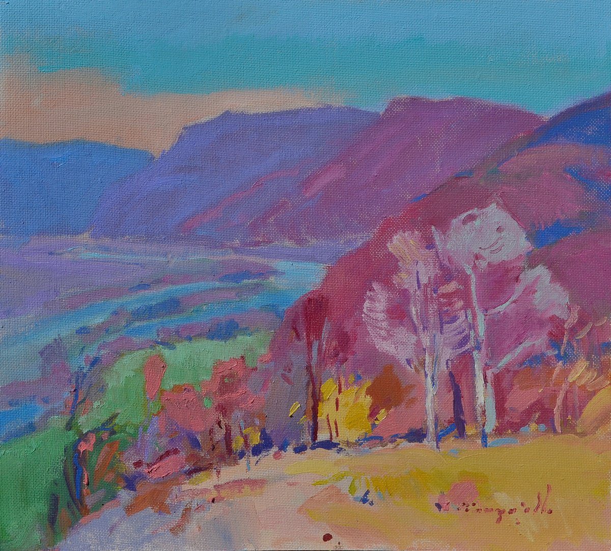 Impressionistic Landscape Oil Painting By Alexander Shandor, 22 X 20, Sunny Valley, Original Artwork