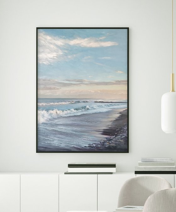 "Sea" Blue white seashore oil art