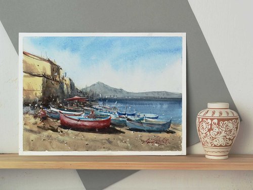 Sicily, boats on the beach, original watercolor painting by Marin Victor