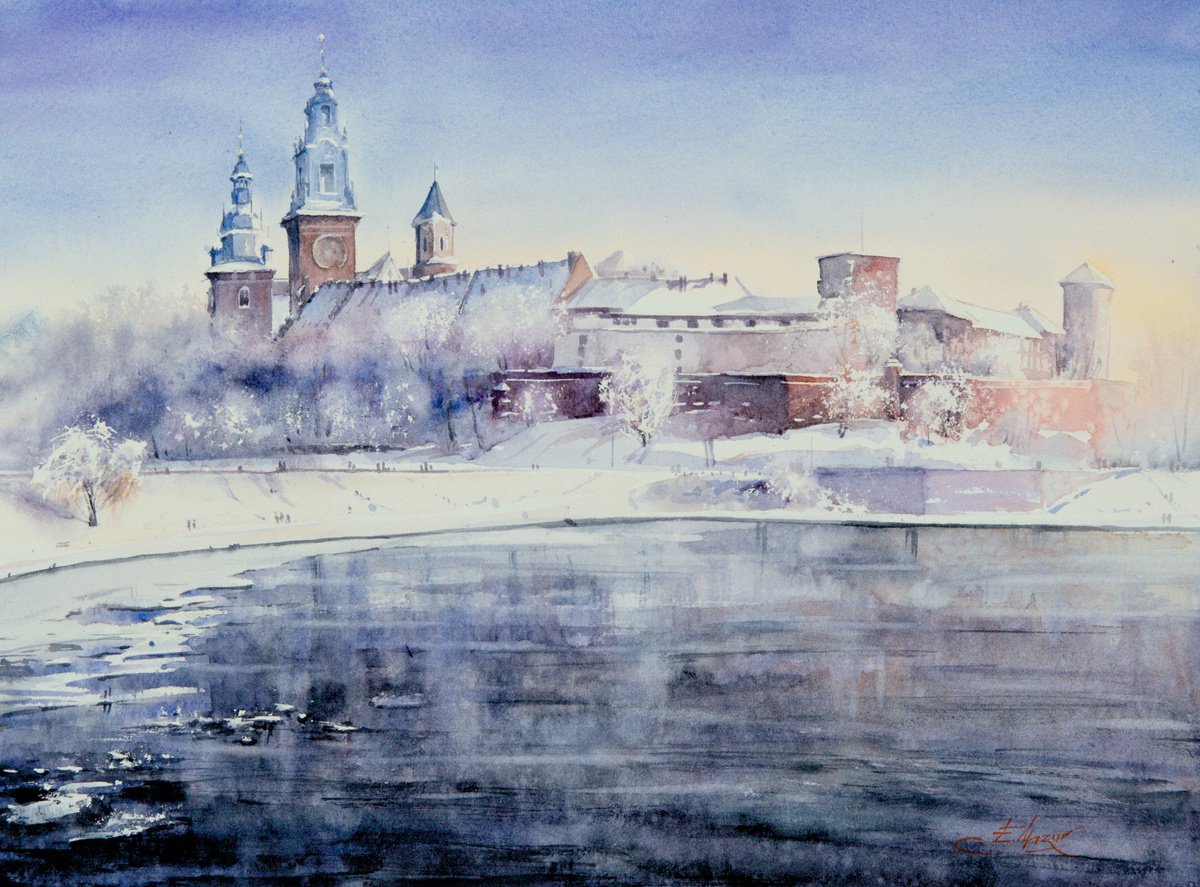 Impressionistic Cityscapes Watercolour By Eve Mazur, 16 X 12, Winter Wawel, Original Artwork
