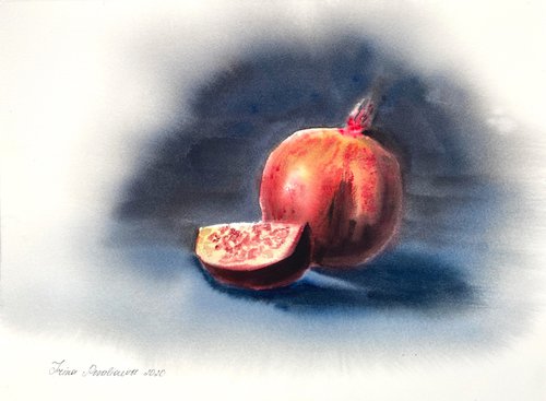 Pomegranates, 26х37,5cm watercolor, red, still life, gift, medium size by Irina Povaliaeva