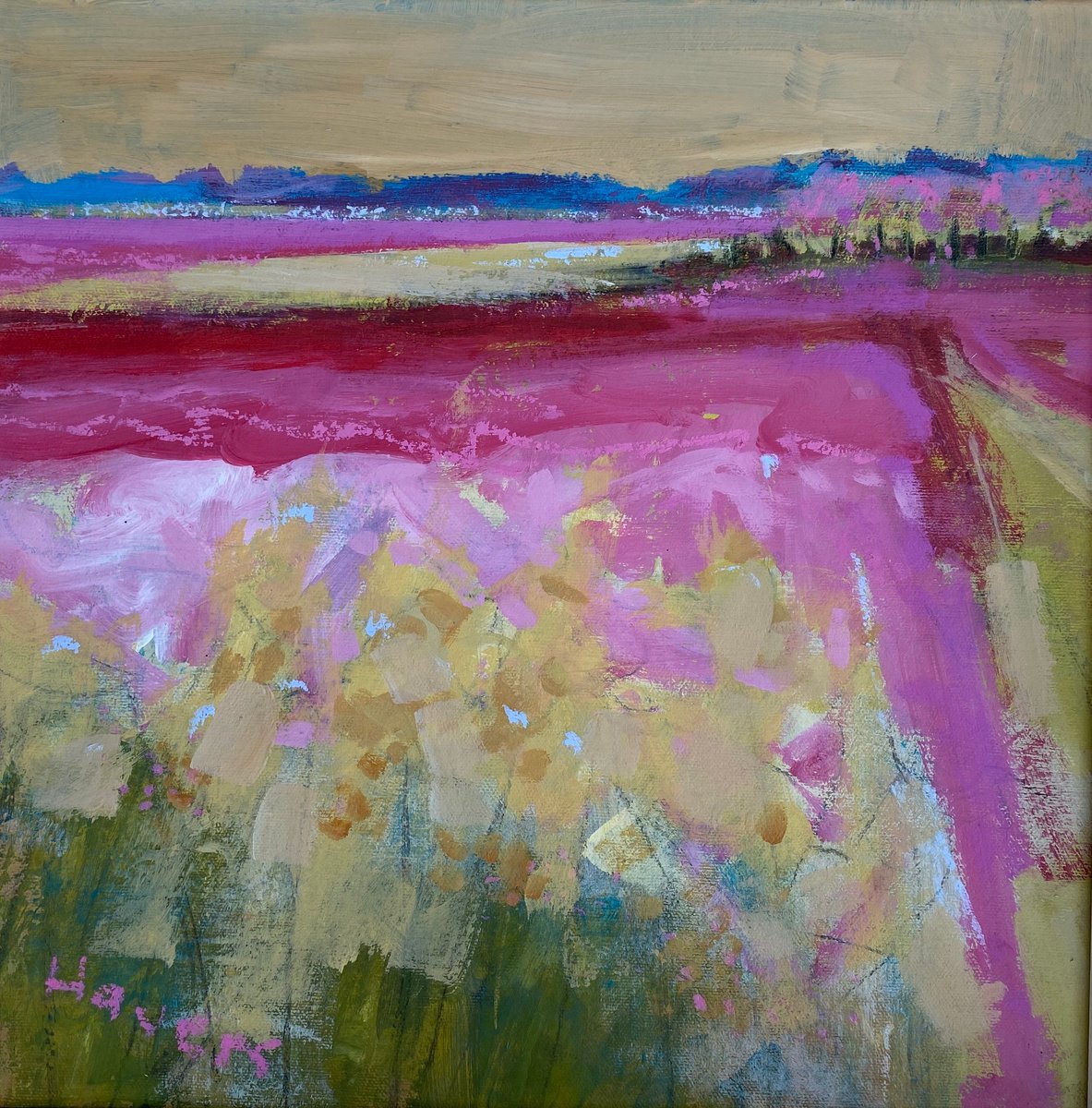 Impressionistic Landscape Acrylic Painting By Chrissie Havers, 19 X 19, Evening Pink, Original Artwork