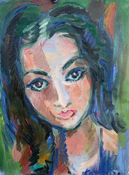 PORTRAIT OF A BEAUTIFUL ISRAELI WOMAN  female portrait, beautiful face, original oil painting, love, young girl 65x50 by Karakhan