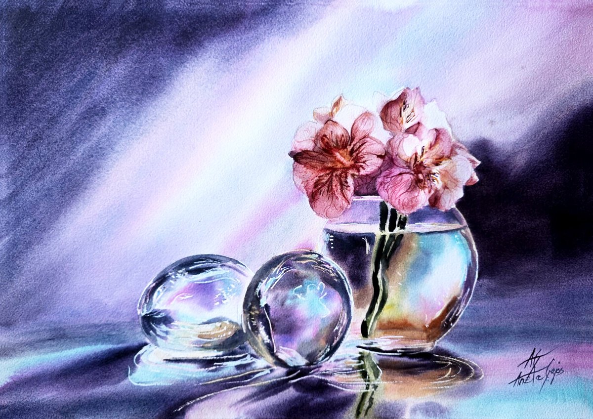 Impressionistic Still Life Watercolour By Aneta Gajos, 20 X 14, Flower Glass, Original Artwork