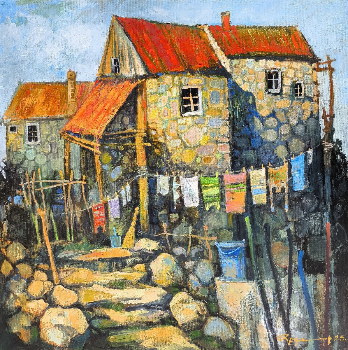 Impressionistic Landscape Oil Painting By Abgar Khacahtryan, 24 X 24, Sunlit Courtyard, Original Artwork