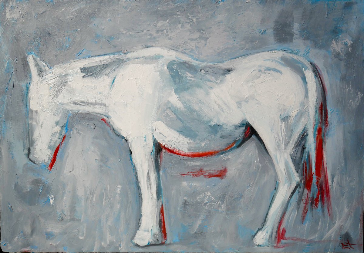 Expressive Animal Oil Painting By Lionel Le Jeune, 17 X 12", Cheval Camarguais, Original Artwork