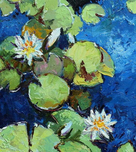 Water lilies with white flowers Original Oil painting