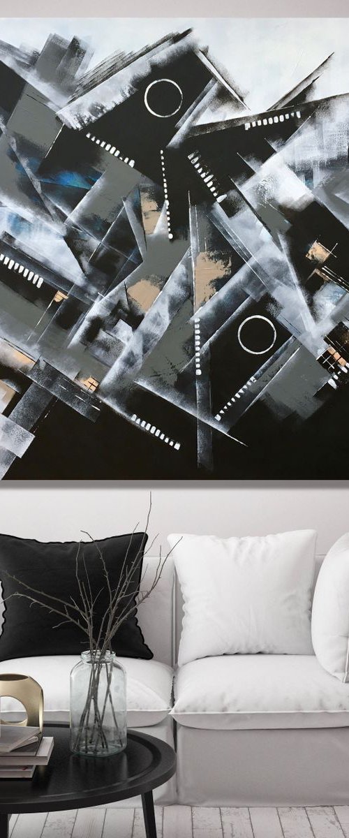 The Long Day is Over - XL Large abstract art – Black & White Art - Expressions of energy and light. by Julijana Ravbar