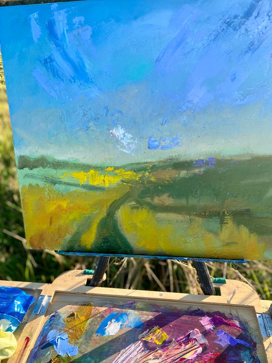 Fields - Yellow mood, 50*60 cm, impasto impressionistic landscape oil painting in yellow and blue colours