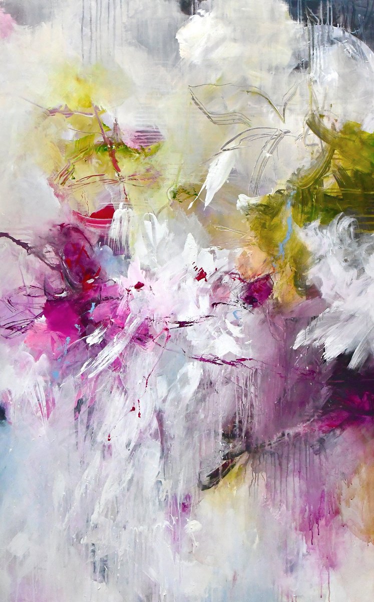 Abstract Acrylic Painting By Kirsten Handelmann, 39 X 63", Floral Fantasy, Original Artwork