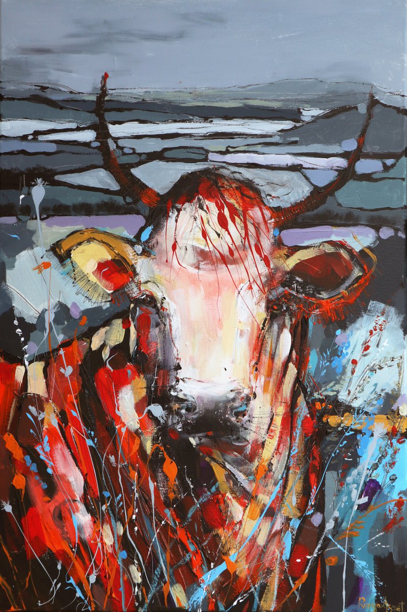 Expressive Animal Acrylic Painting By Irina Rumyantseva, 24 X 36, Cow C02N04, Original Artwork