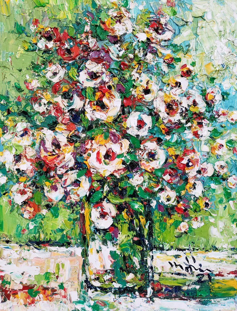 Impressionistic Botanical Oil Painting By Duc Tran, 12 X 16, Morning Sun, Original Artwork