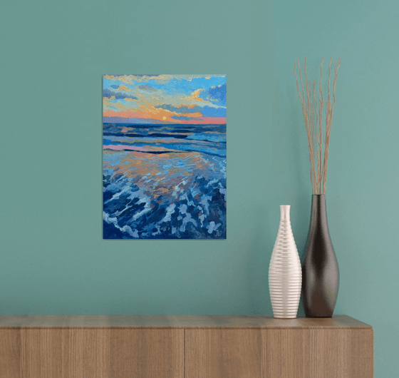 Foam waves beach sunset the sun's rays Blue small Gift Mother Father day Art