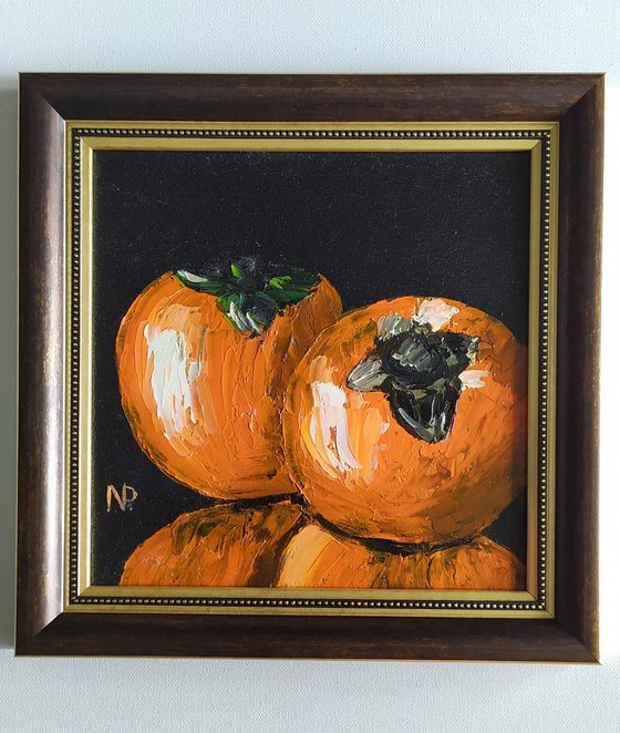 Persimmons, original still life fruit oil painting, framed art for gifts